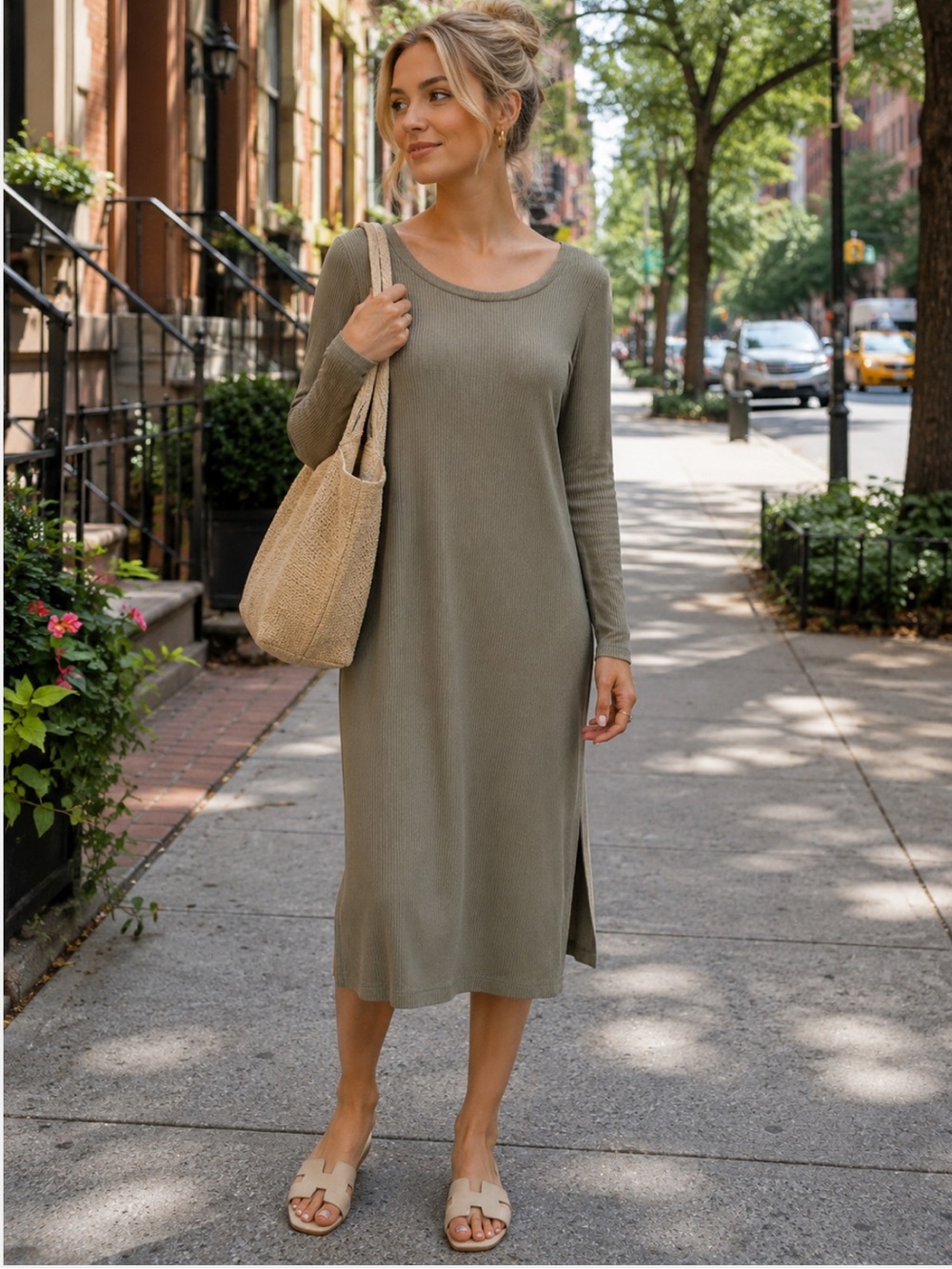 NWT Chaser Cozy Rib Long Sleeve Scoop Back Ribbed Midi Dress Bodycon Casual